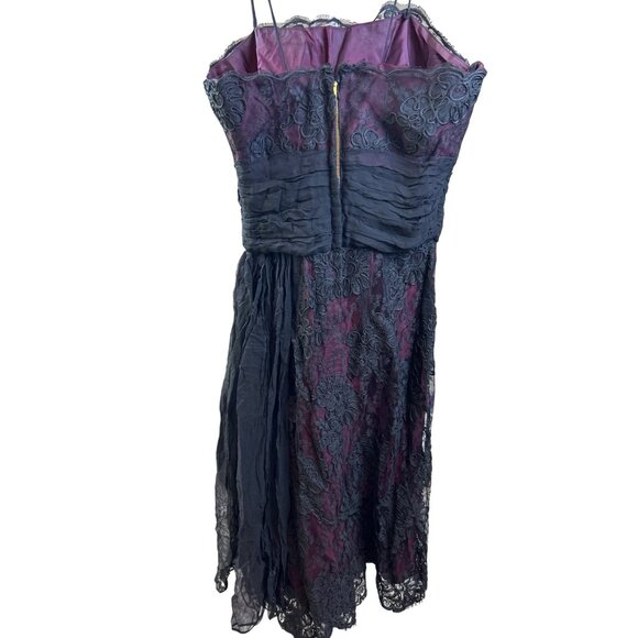 Vintage 50' s 60's Black Lace Overlay Burgundy Whimsygoth Crepey Delicate Floral - Picture 10 of 16